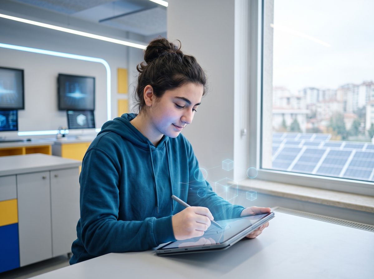 Pencere kenarında tabletine fikrini çizen öğrenci; tabletin üstünde ışıklı küpler
